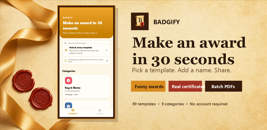 Badgify feature graphic showing certificate templates.