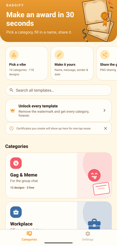 Badgify home screen showing all 10 certificate categories.