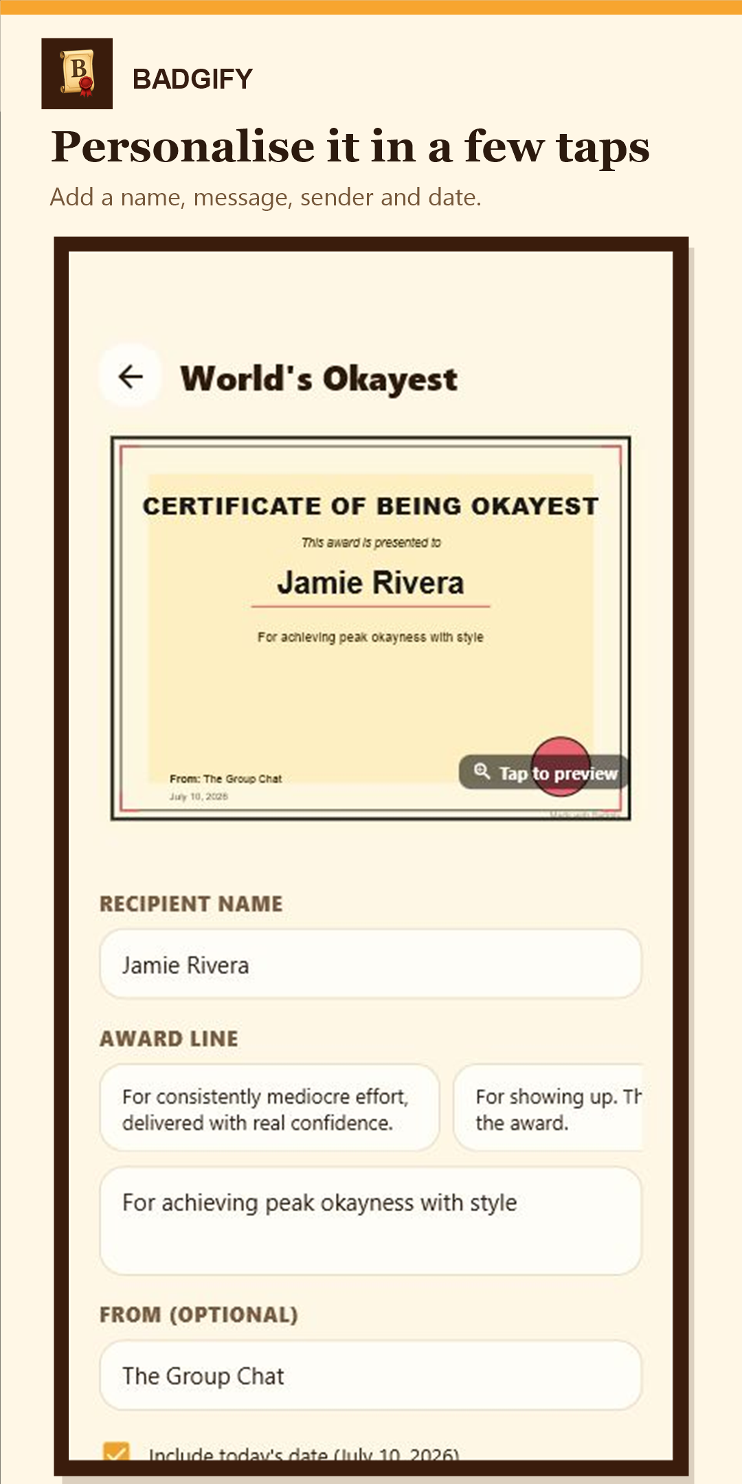 Badgify certificate editor screen.