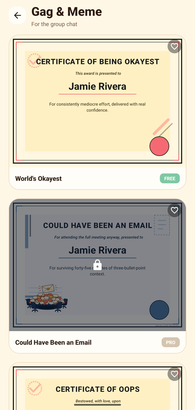 Badgify Gag & Meme certificate templates.