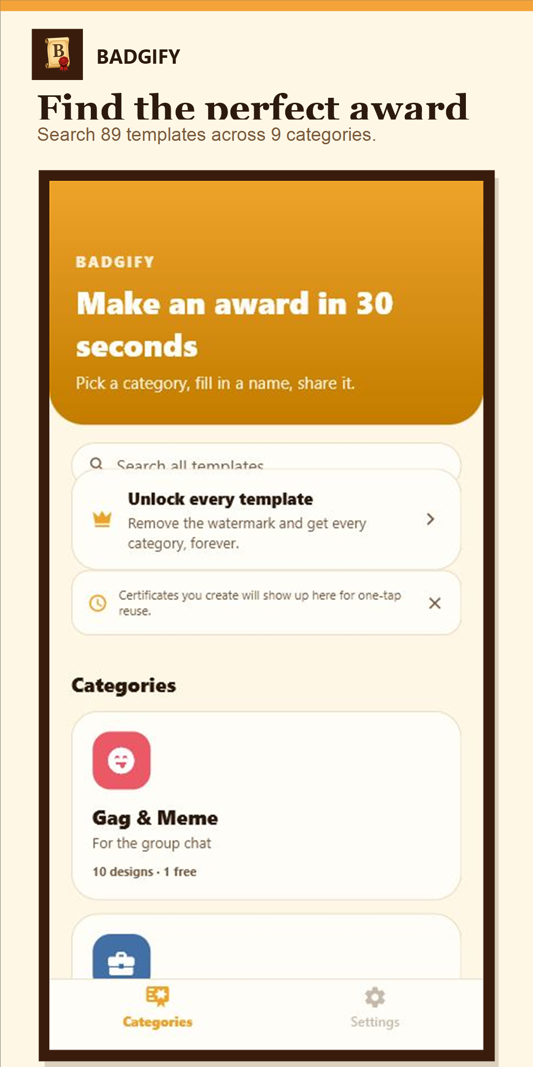 Badgify home screen showing certificate categories.