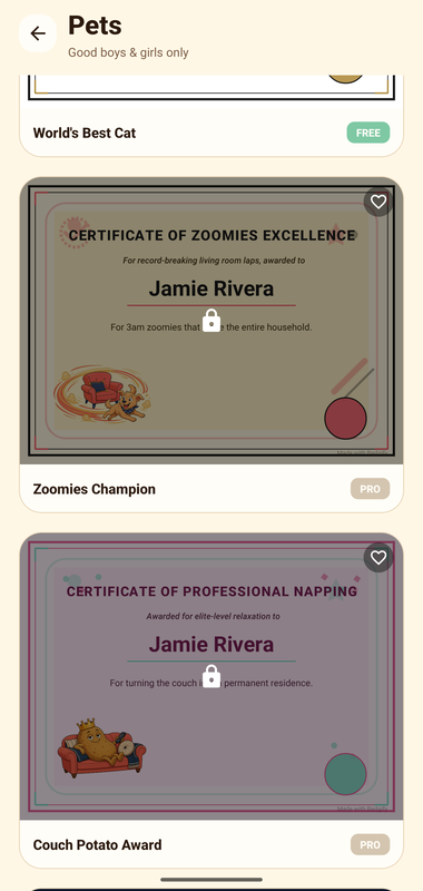 Badgify Pets certificate templates.