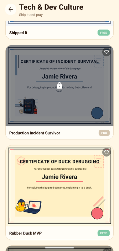Badgify Tech & Dev Culture certificate templates.