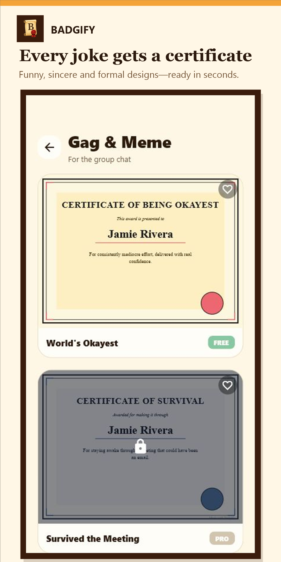 Badgify gag and meme certificate templates.