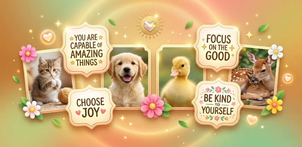 Pawsitive Dose feature graphic with animal photos and positive affirmation cards.