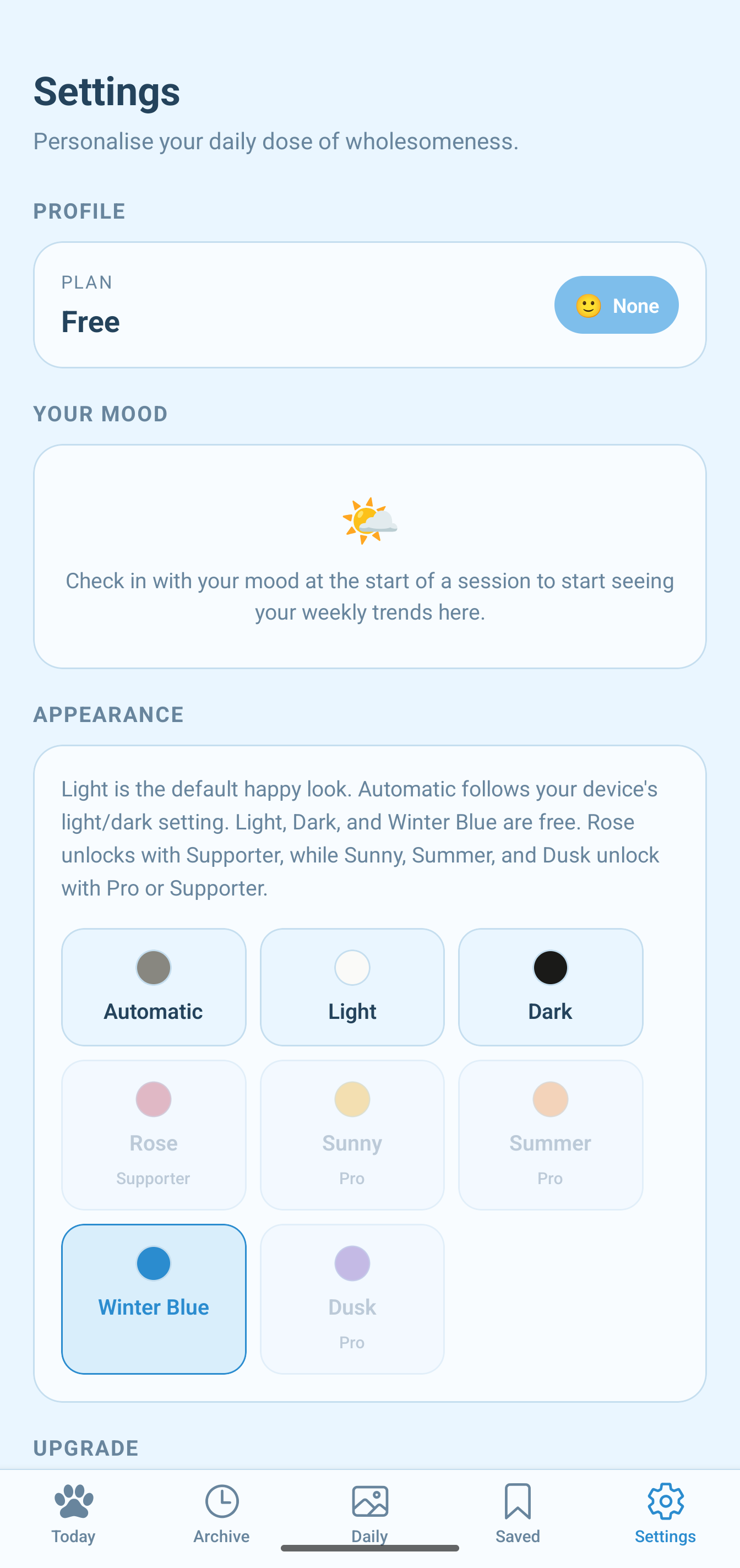 Pawsitive Dose settings screen showing appearance themes and plan options.