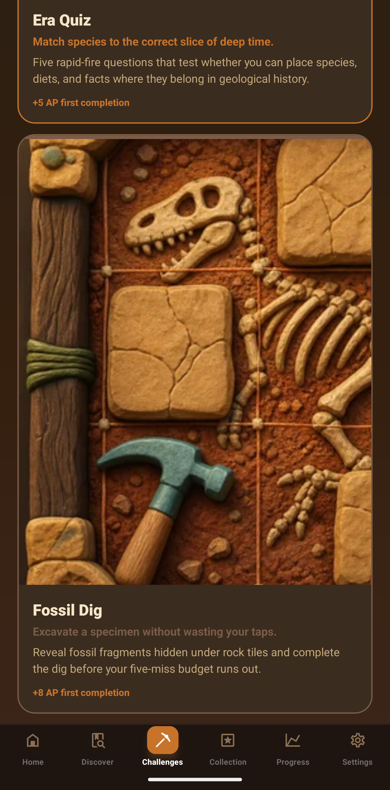 SnackPack Prehistoric Pals challenges screen.