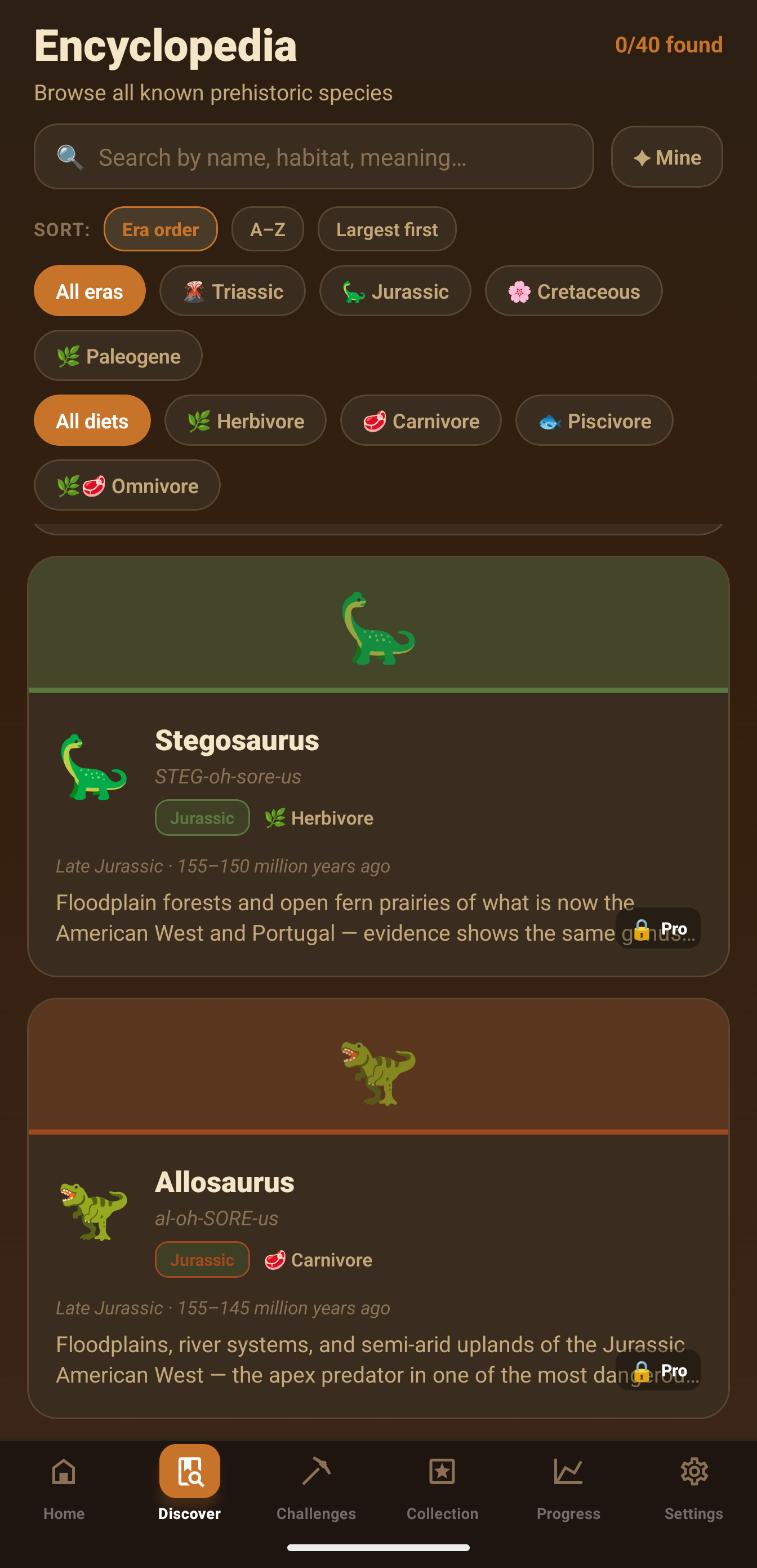 SnackPack Prehistoric Pals encyclopedia screen.