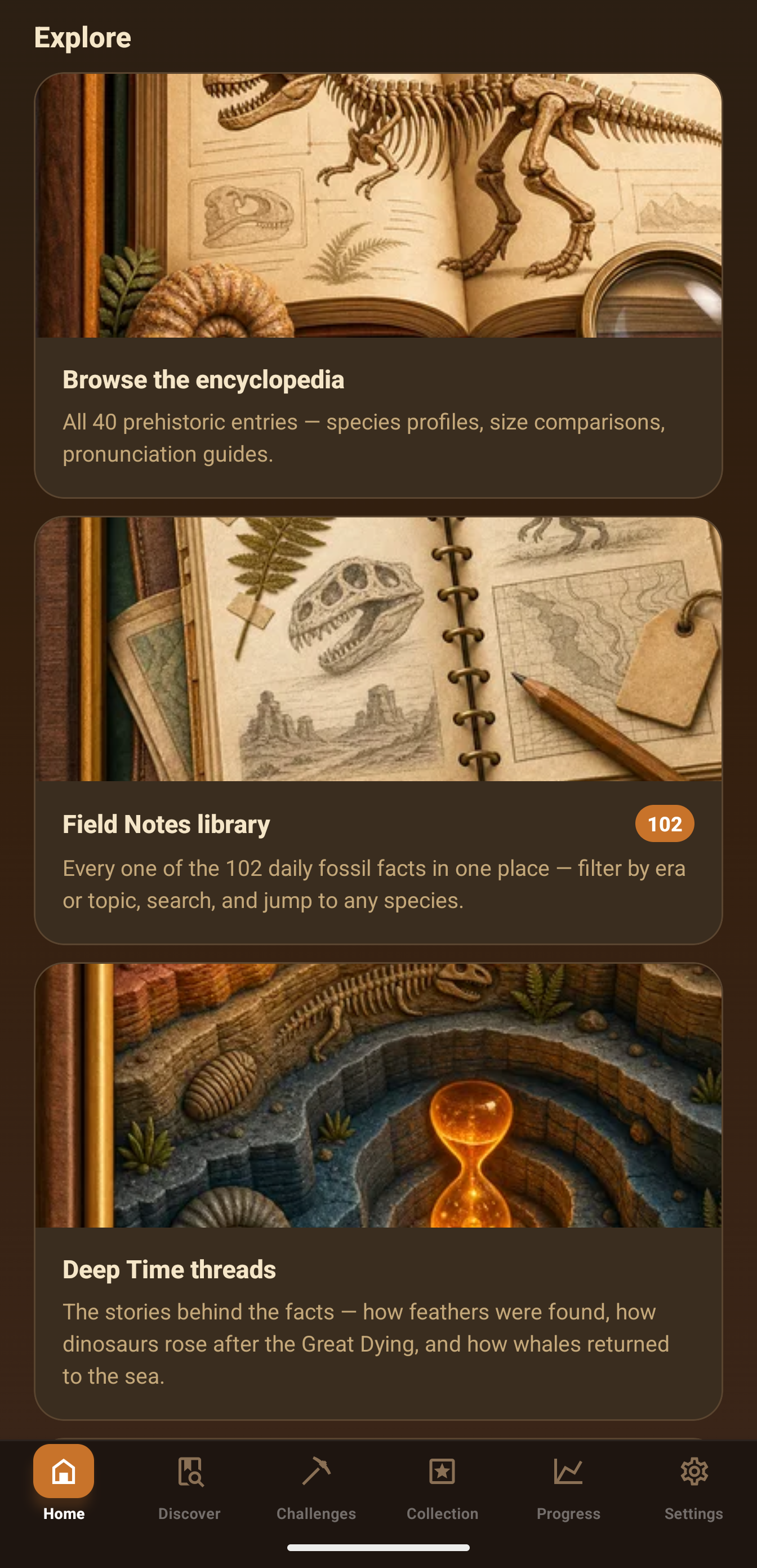 SnackPack Prehistoric Pals discover menu with encyclopedia, field notes, and deep time threads.