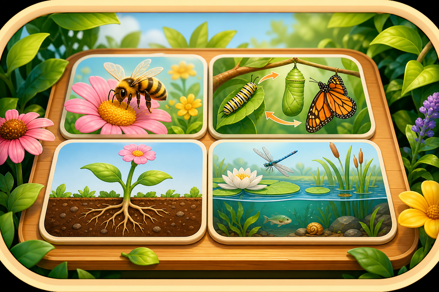 SnackPack Garden World interactive viewers: pollination, life cycle, plant structure, and habitat layers.