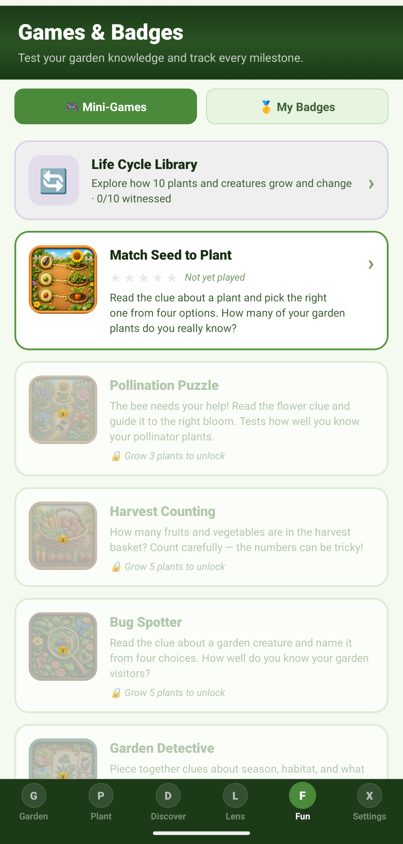 SnackPack Garden World mini-games screen.