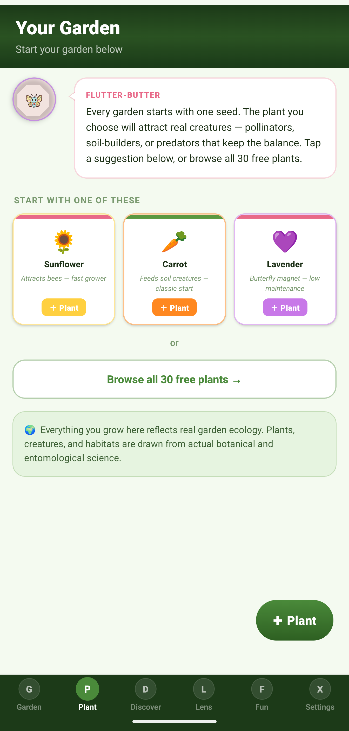 SnackPack Garden World plant discovery screen.
