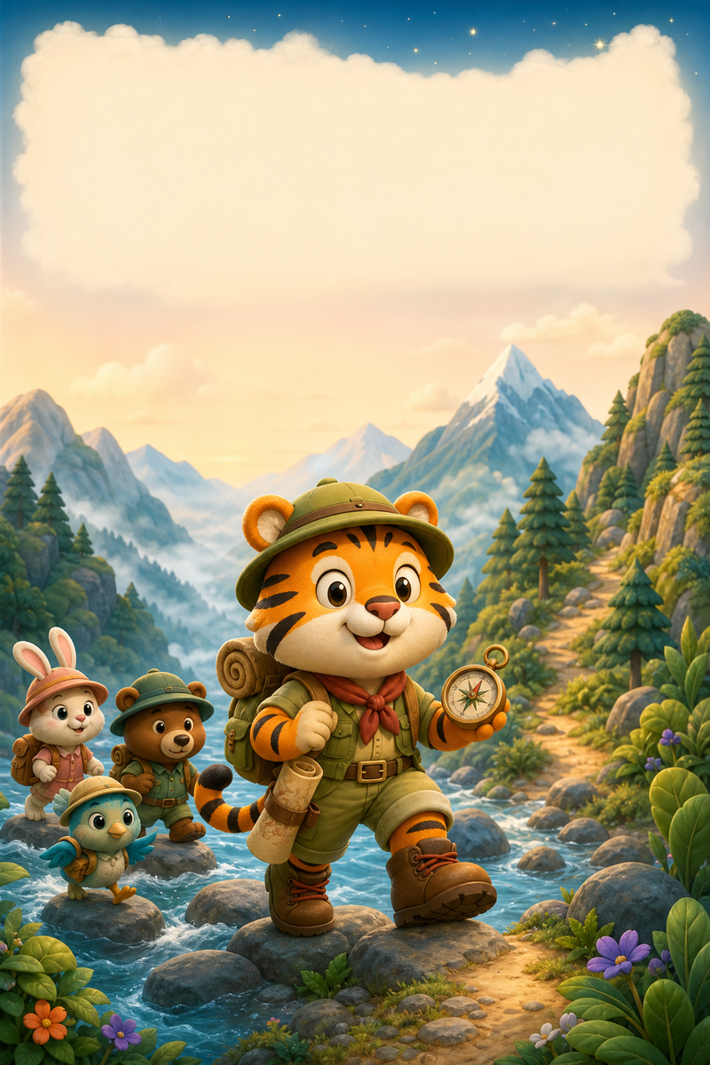 Stripe Scout's Lost Expedition book cover — a tiger cub leading friends on a mountain trail.