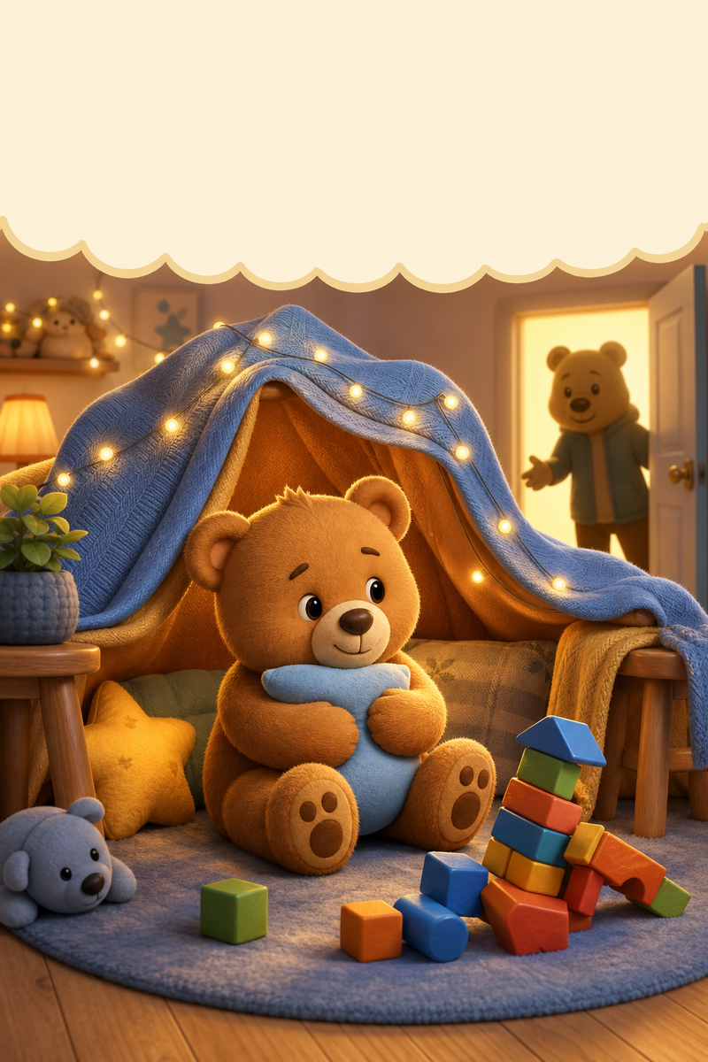 Ted E. Bear's Very Hard Day book cover — a bear cub in a blanket fort.