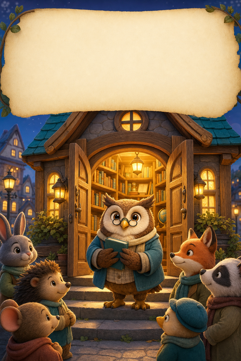 The Library That Almost Wasn't book cover — an owl librarian greeting forest friends.