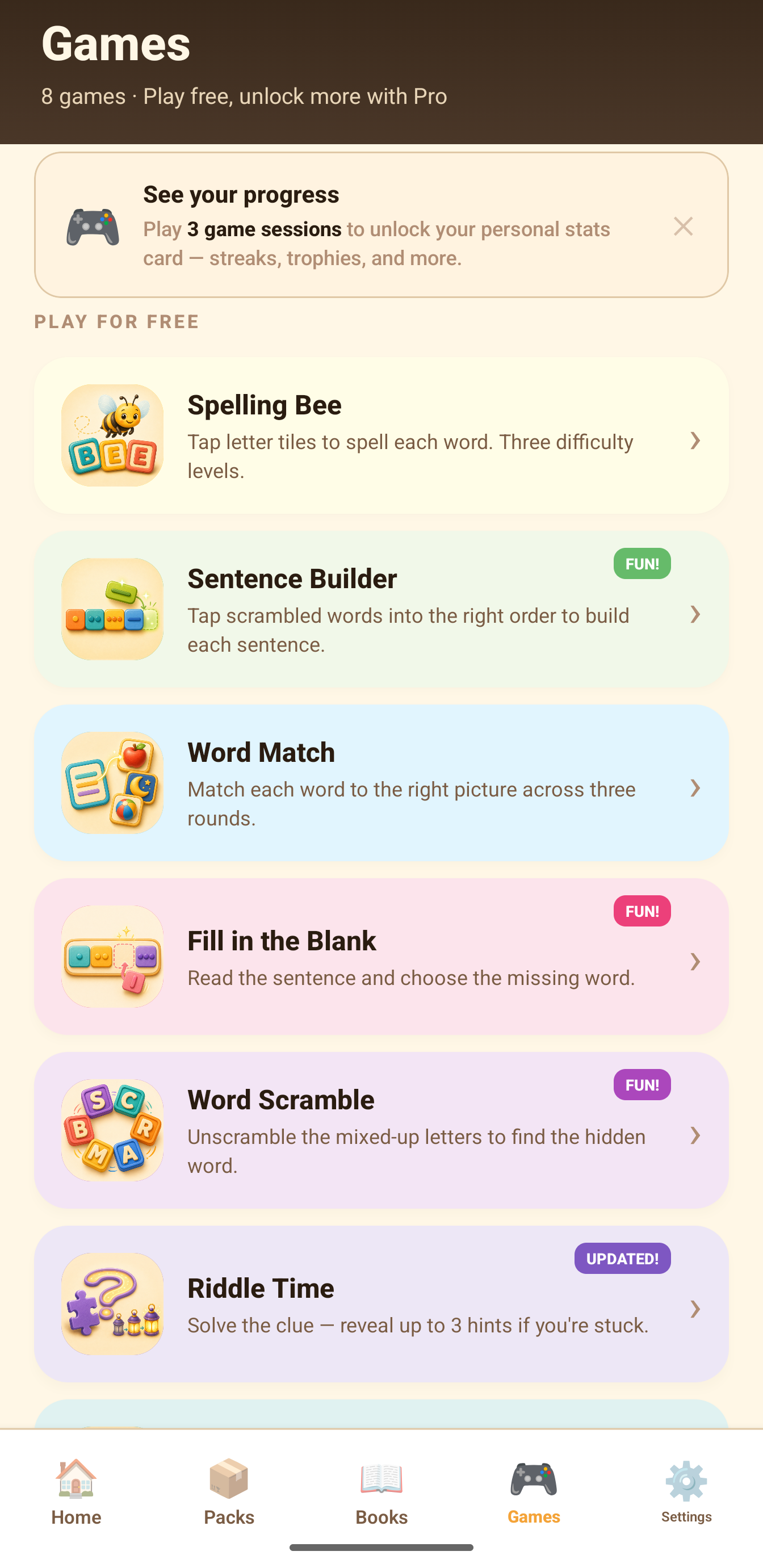 SnackPack Sentences & Spelling games screen.