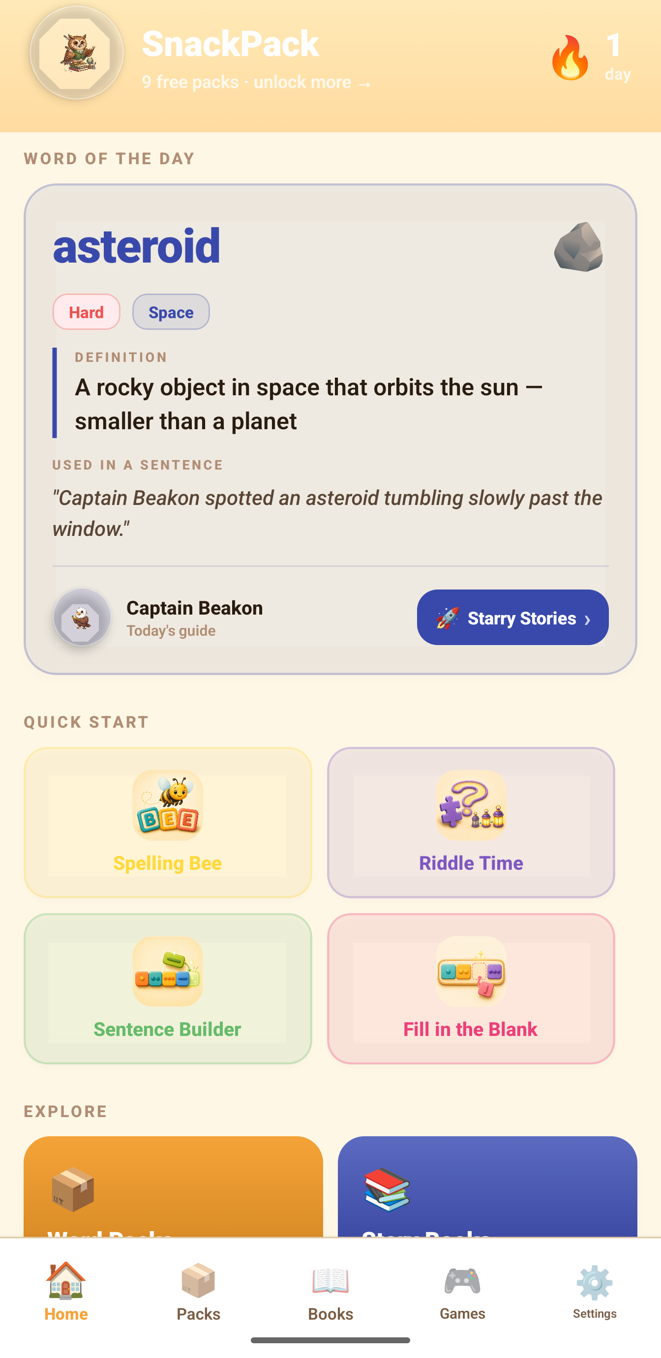 SnackPack Sentences & Spelling home screen.