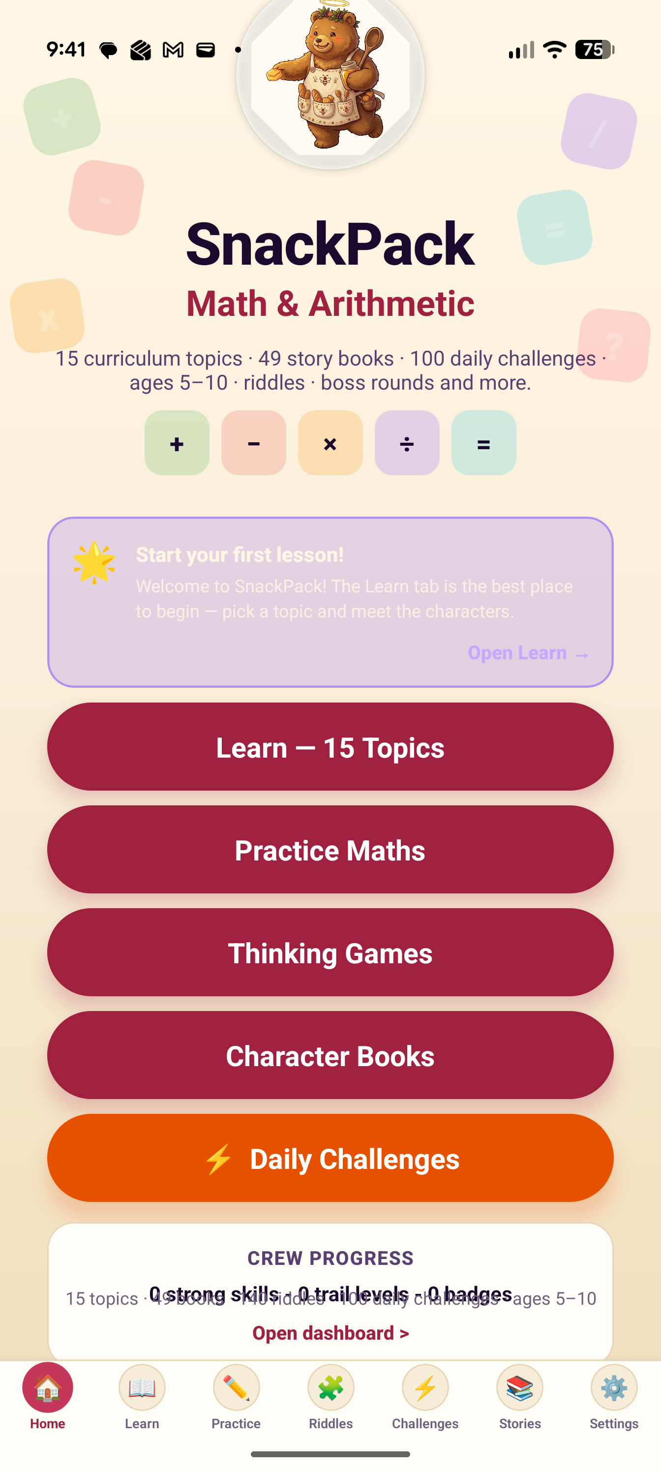 SnackPack Basic Math home screen.
