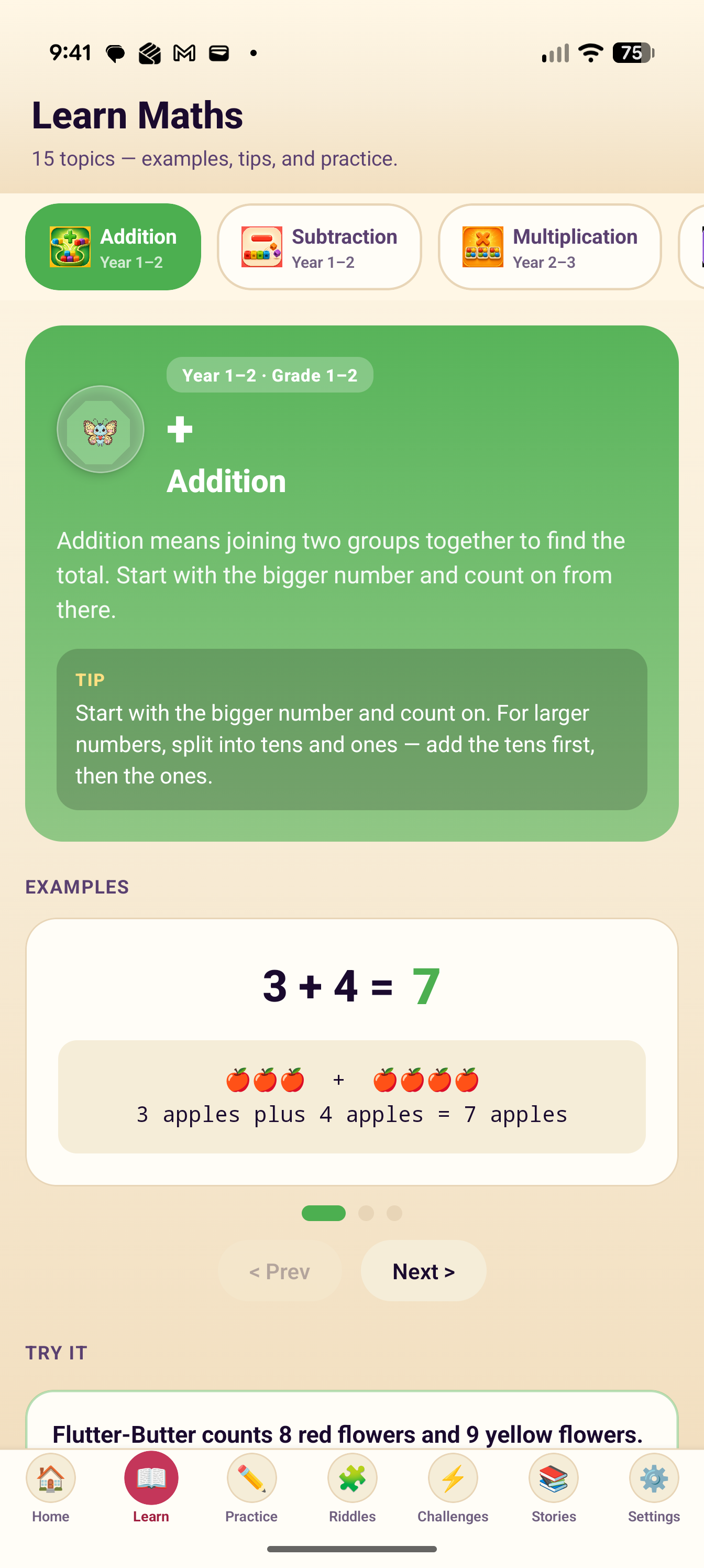 SnackPack Basic Math learn screen.