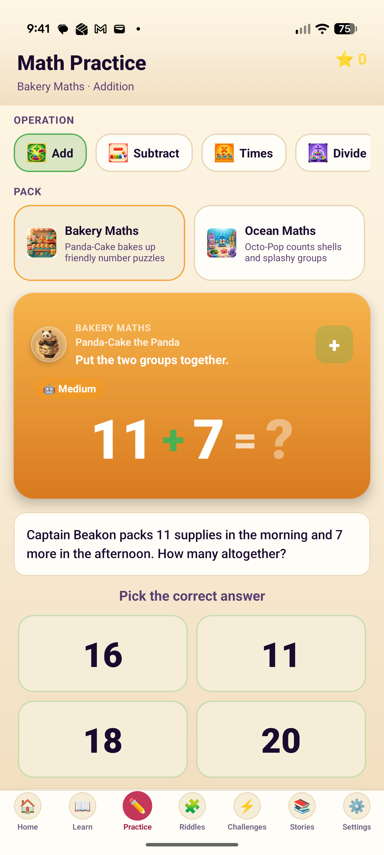 SnackPack Basic Math practice screen.