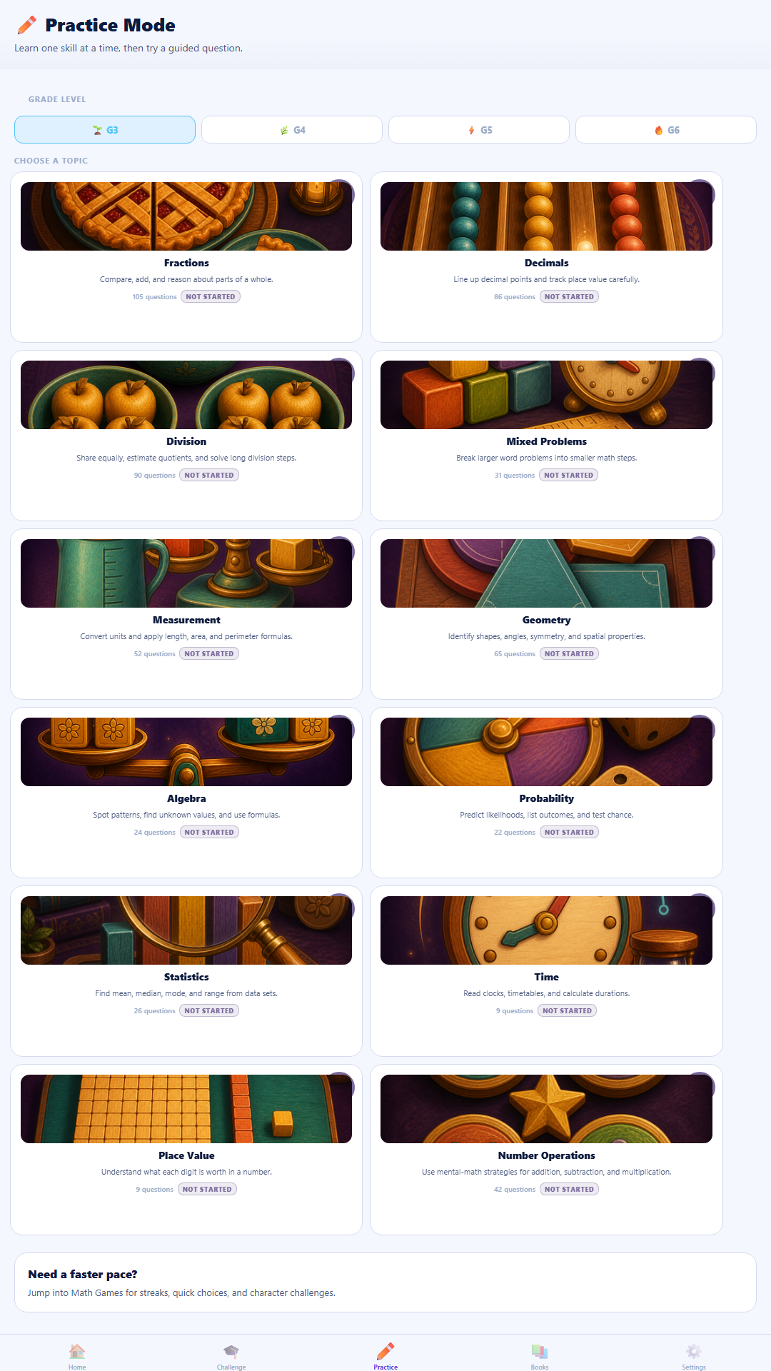 Practice Mode topic selection with mastery progress.