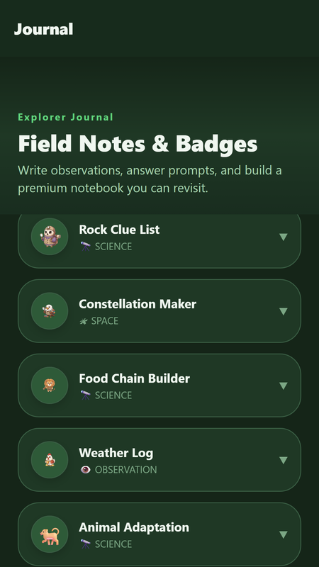 The Explorer Journal in Earth Science, listing field-note activities including Rock Clue List, Constellation Maker and Food Chain Builder.