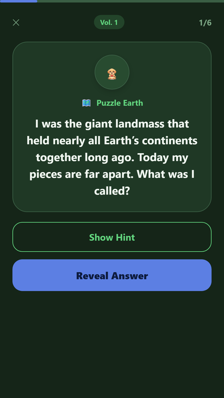 The Riddle Trail mini-game in Earth Science, posing a question about the supercontinent Pangaea with hint and reveal buttons.