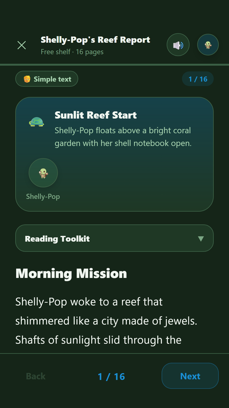 A story science book open in Earth Science, showing a 16-page reef report with read-aloud narration and a simple-text toggle.