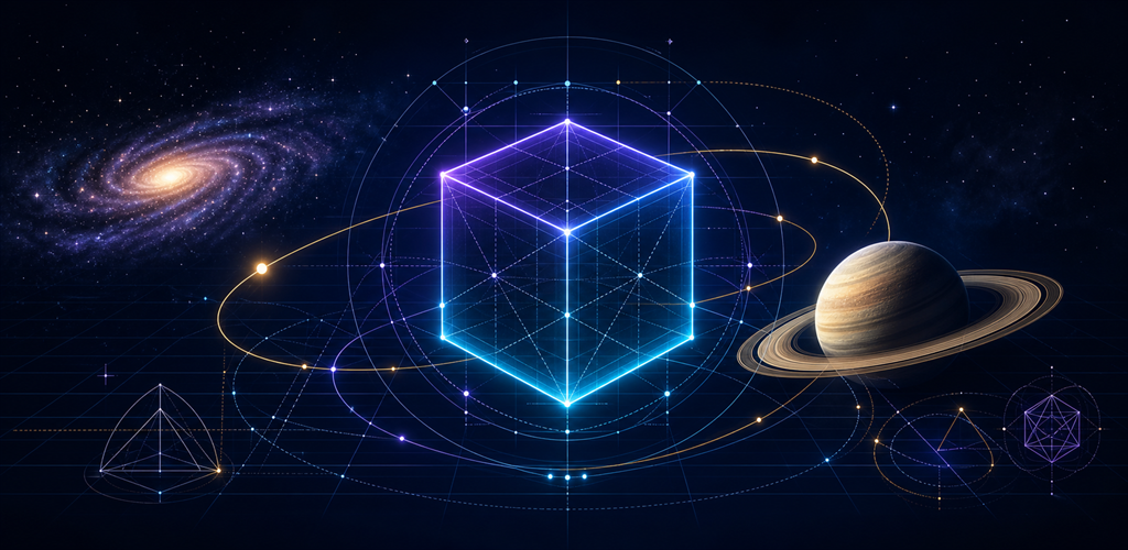 SnackPack Space Math feature graphic: a glowing wireframe cube orbited by a ring, with a planet and galaxy behind.