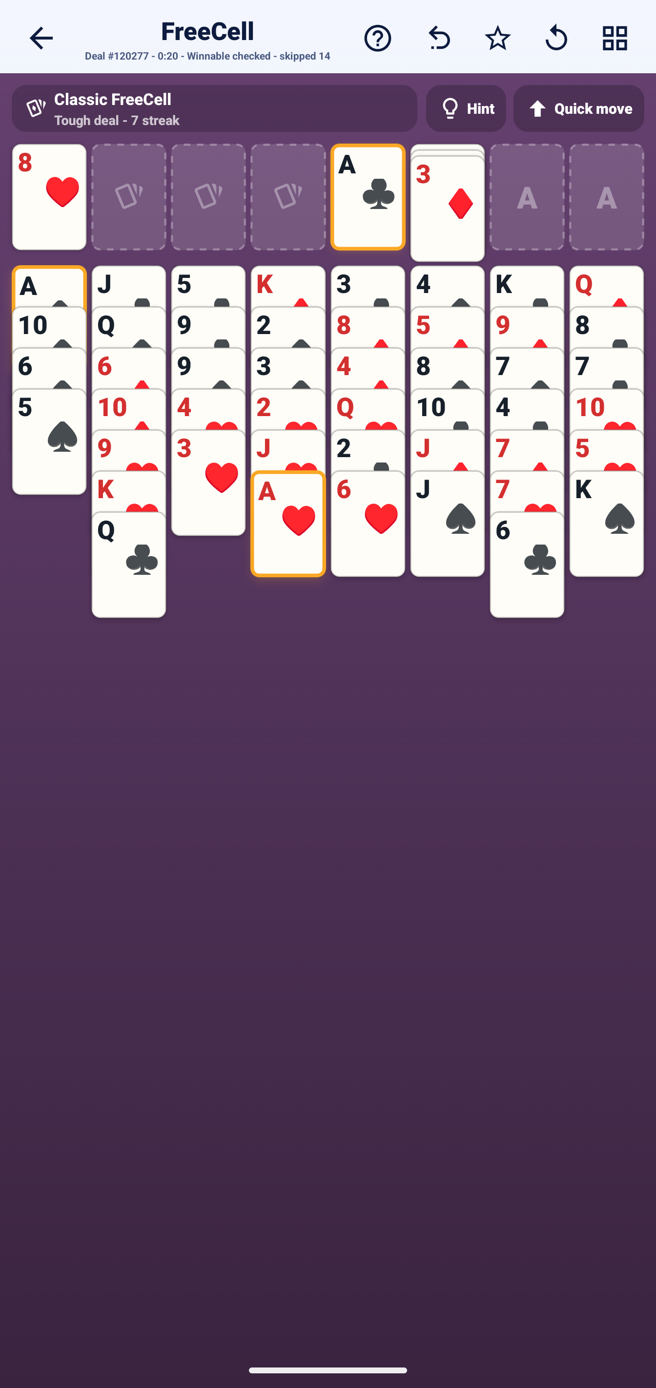 FreeCell solitaire in Snackpack Brain Games.