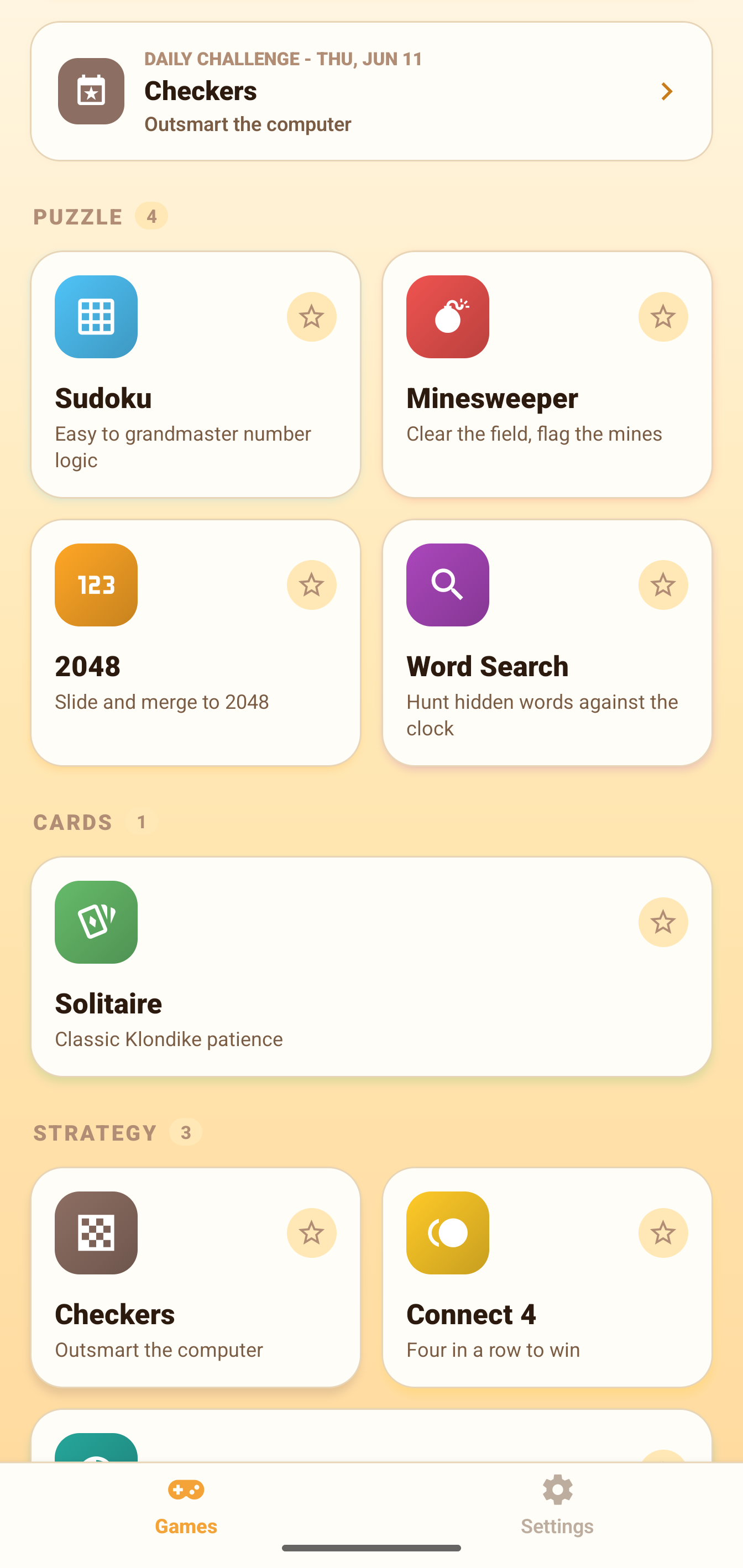 Snackpack Brain Games home screen.