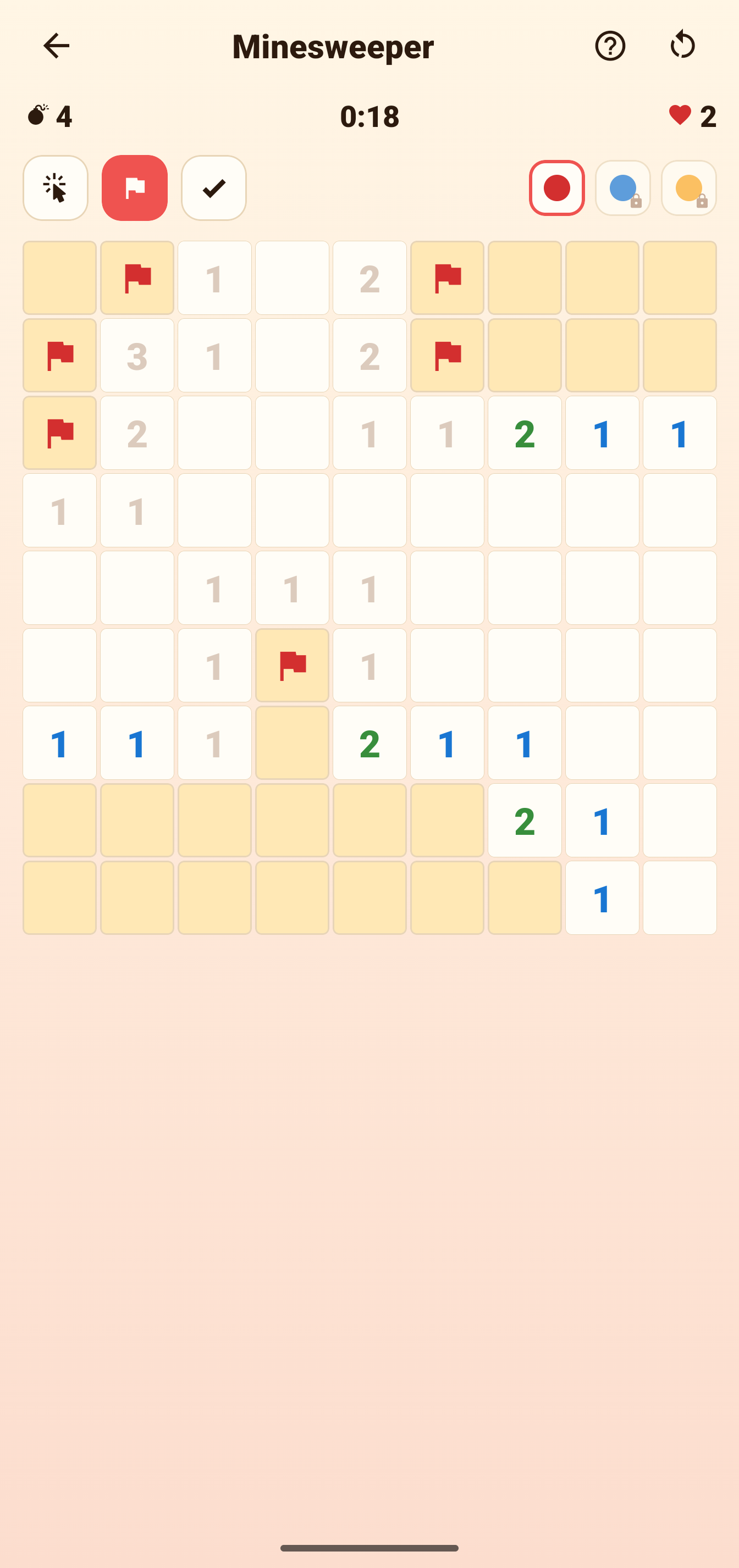 Minesweeper game board in Snackpack Brain Games.