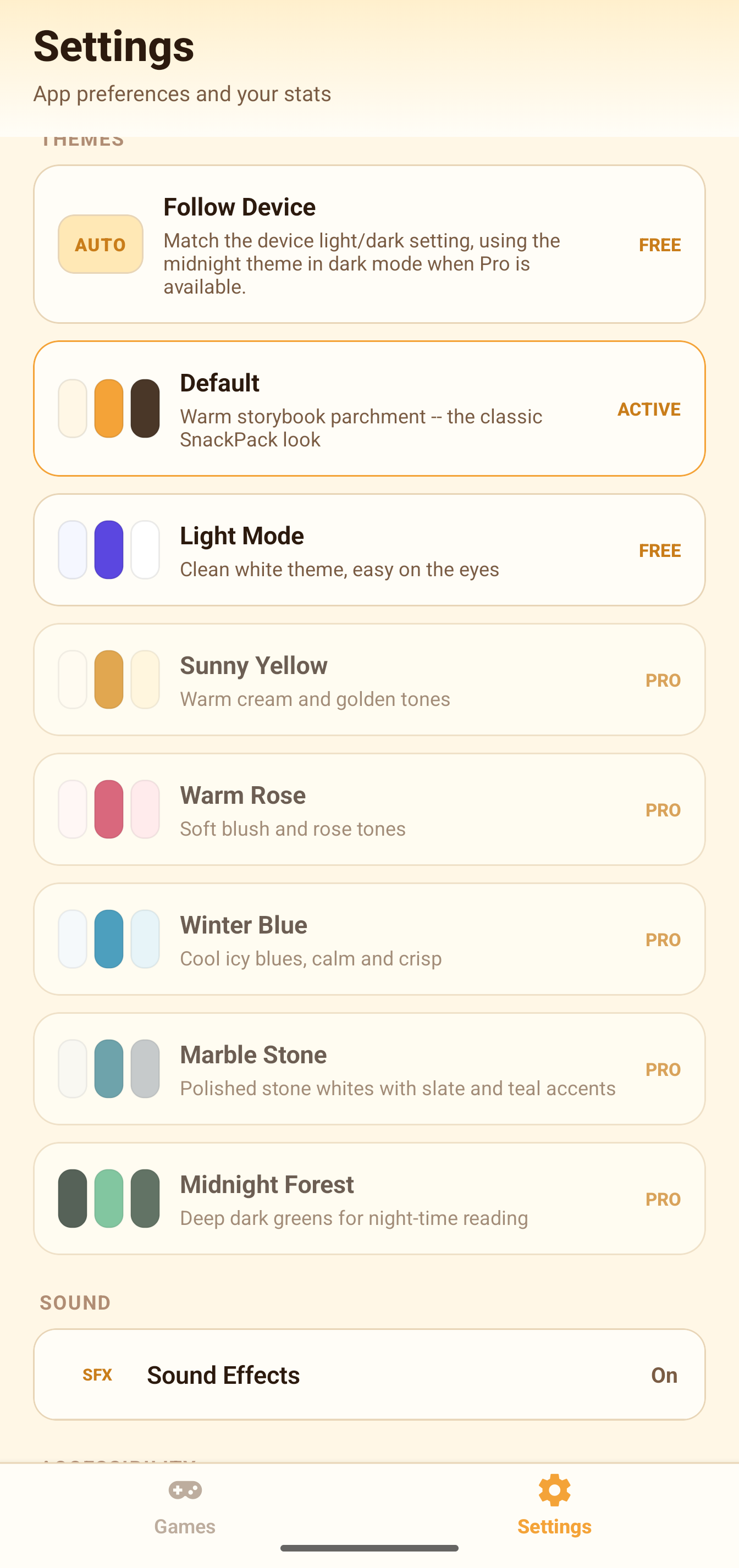 Settings screen showing themes, sound, and accessibility options.