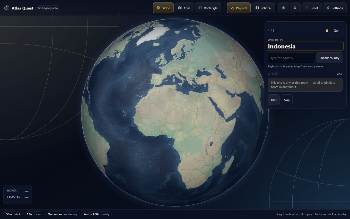 Atlas Quest showing a detailed physical globe and a country-finding question