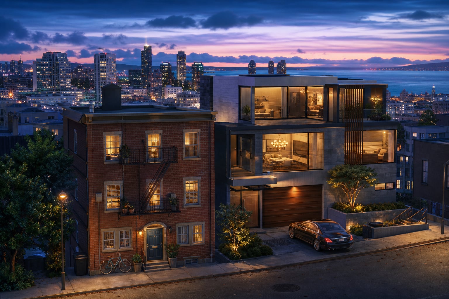 Promotional artwork of a modest brick apartment beside a luxurious modern home, overlooking a coastal city at dusk.