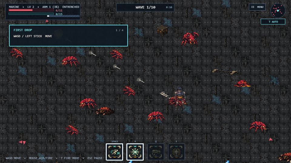 Last Bastion combat during a dense wave, with the Marine surrounded by enemies and active weapons.