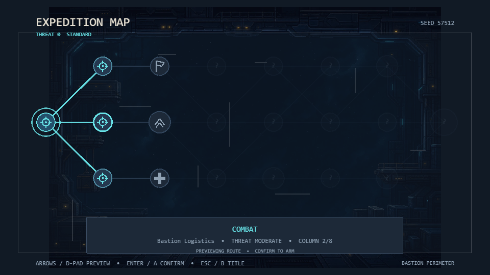 Last Bastion expedition map with distinct node icons, connected routes and a selected combat node.