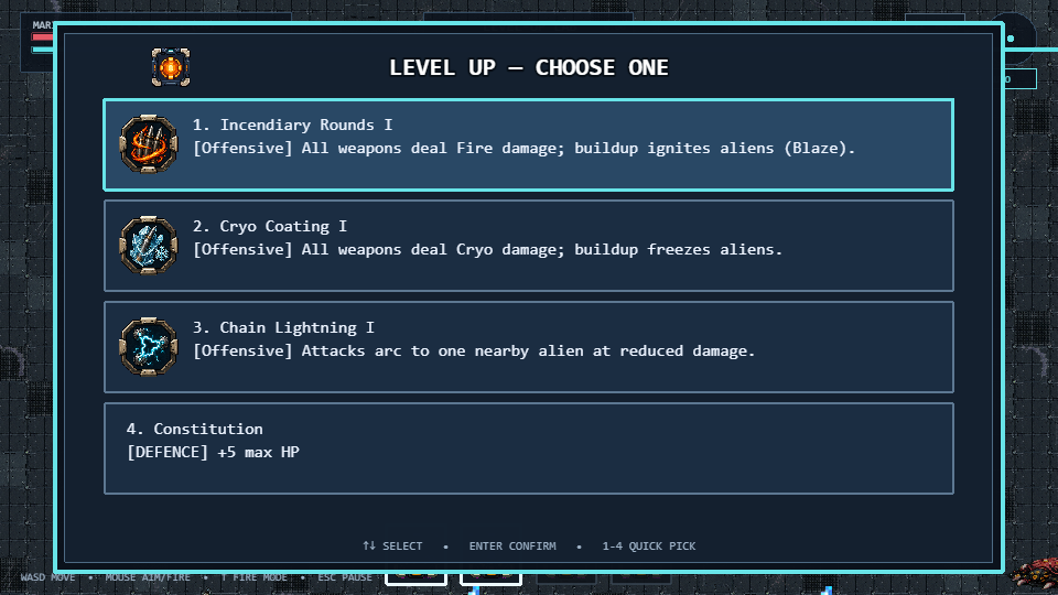 Last Bastion level-up screen presenting four upgrade choices during a run.