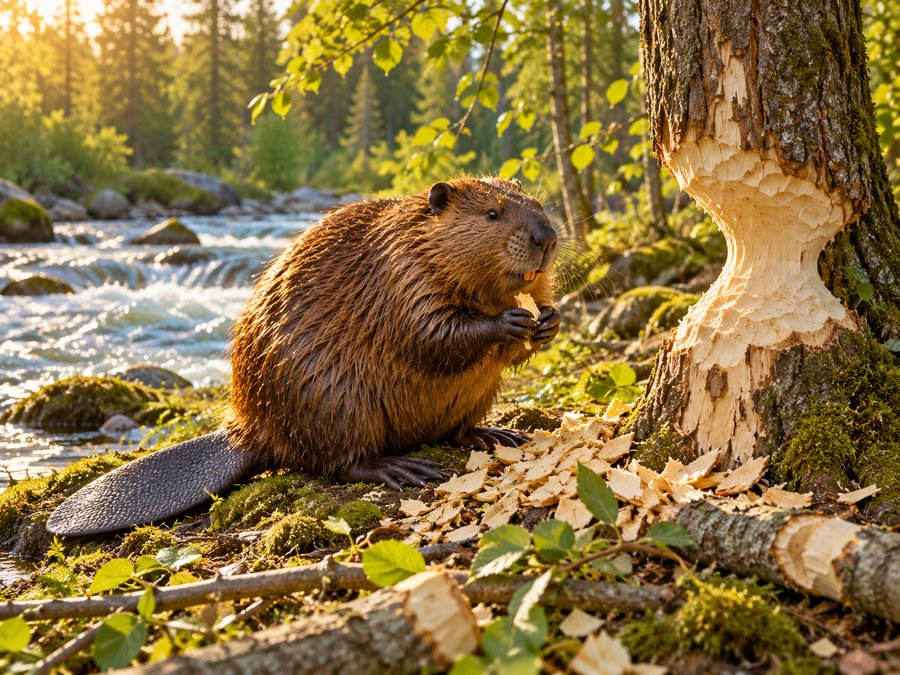 A beaver beside a woodland river with freshly cut branches