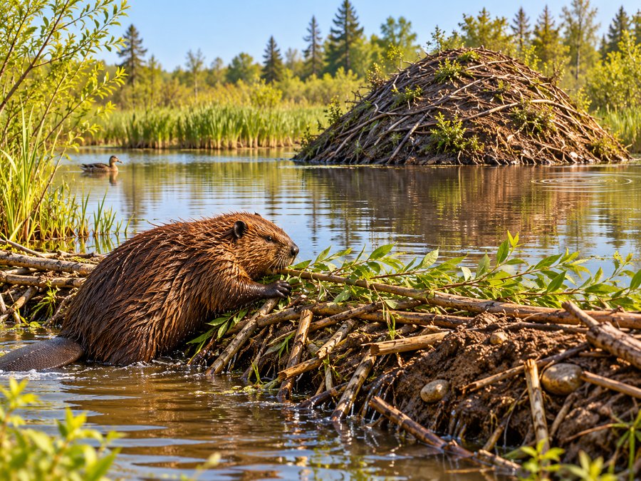 A beaver arranging branches in a dam across shallow water