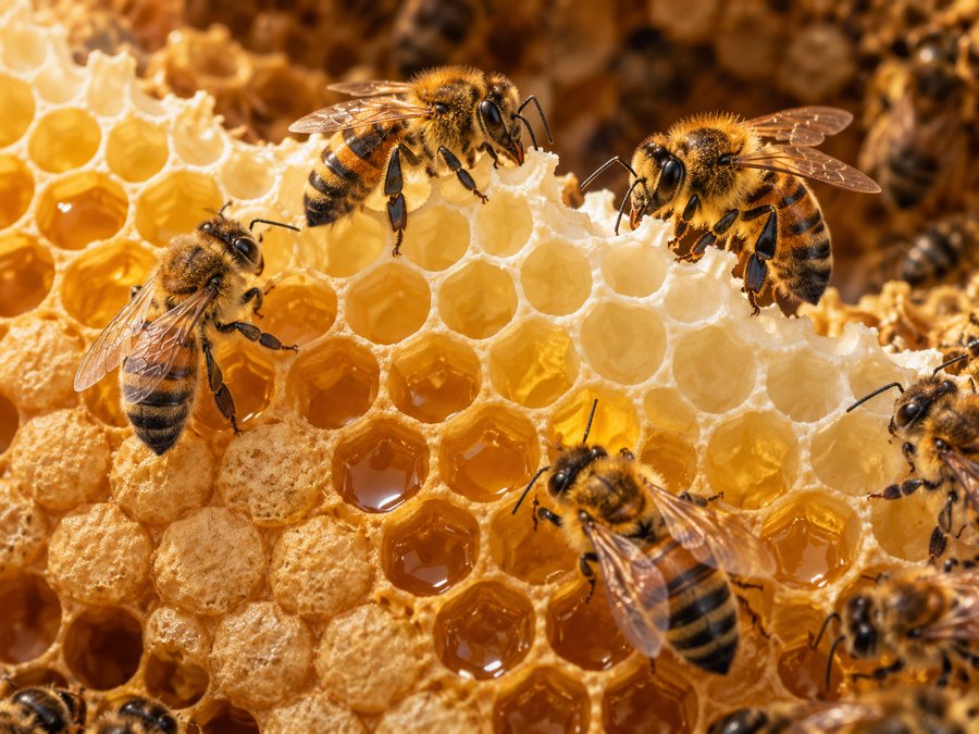 Honeybees working across golden hexagonal honeycomb