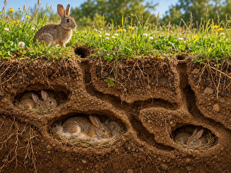 A wild rabbit waiting at the entrance to a grassy burrow