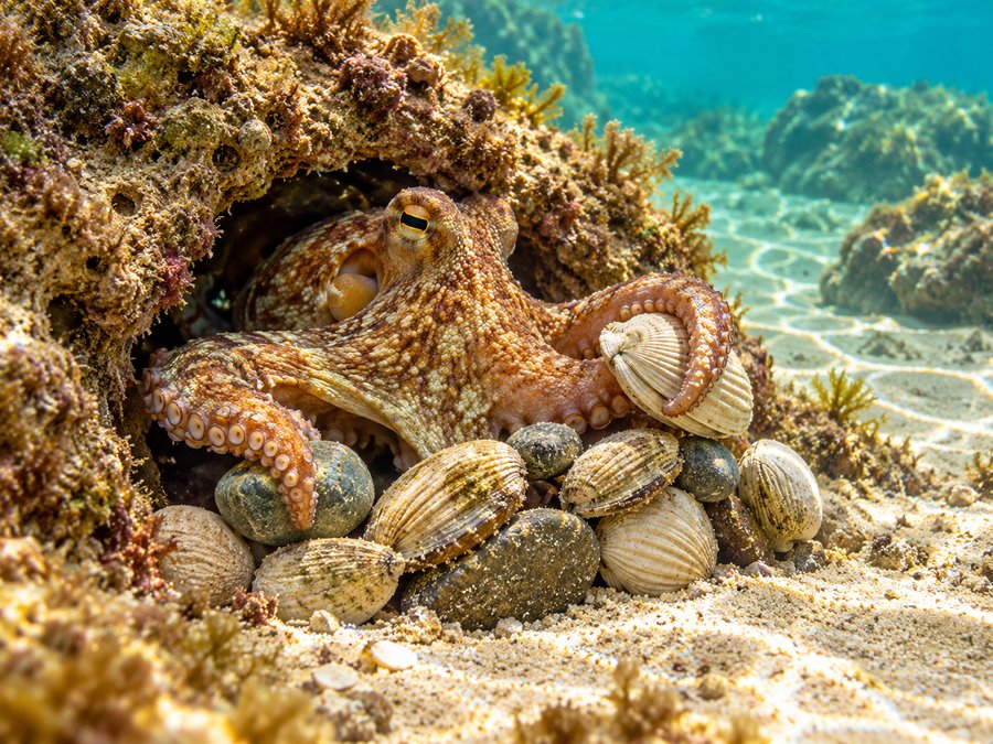 An octopus peering from a rocky den ringed with shells