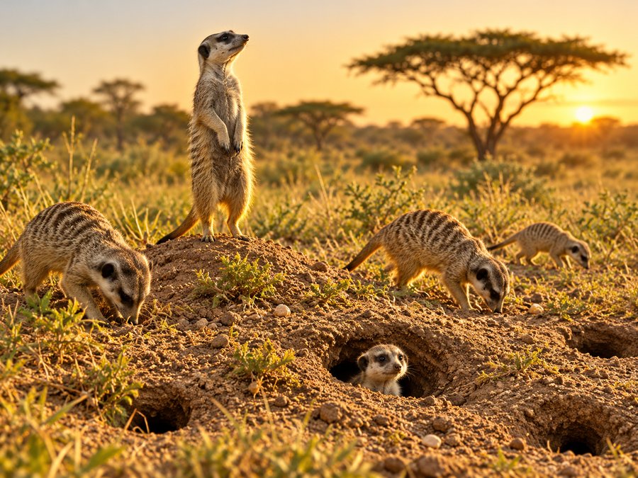 A meerkat family gathered around burrow entrances in dry grassland