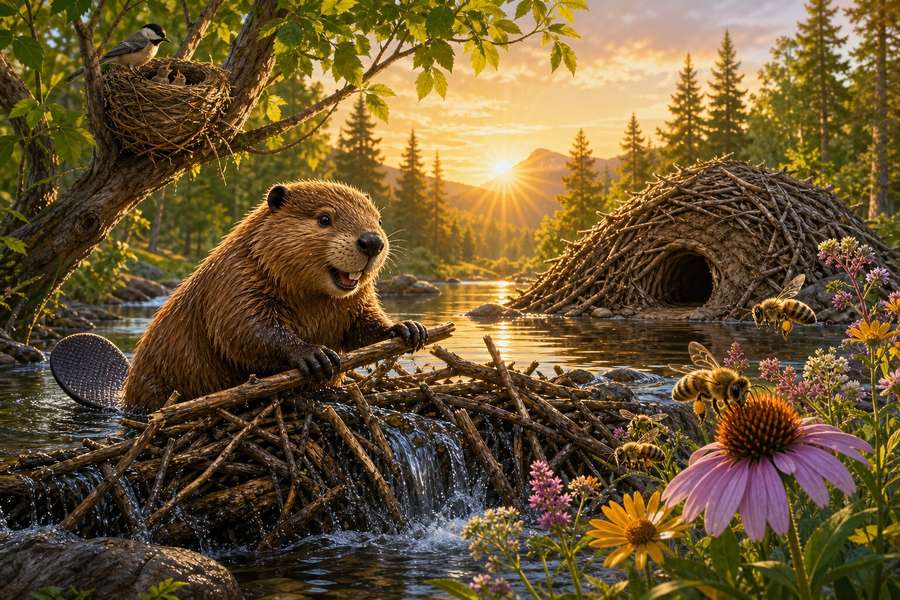 A peaceful wetland habitat shaped by animal builders at sunset