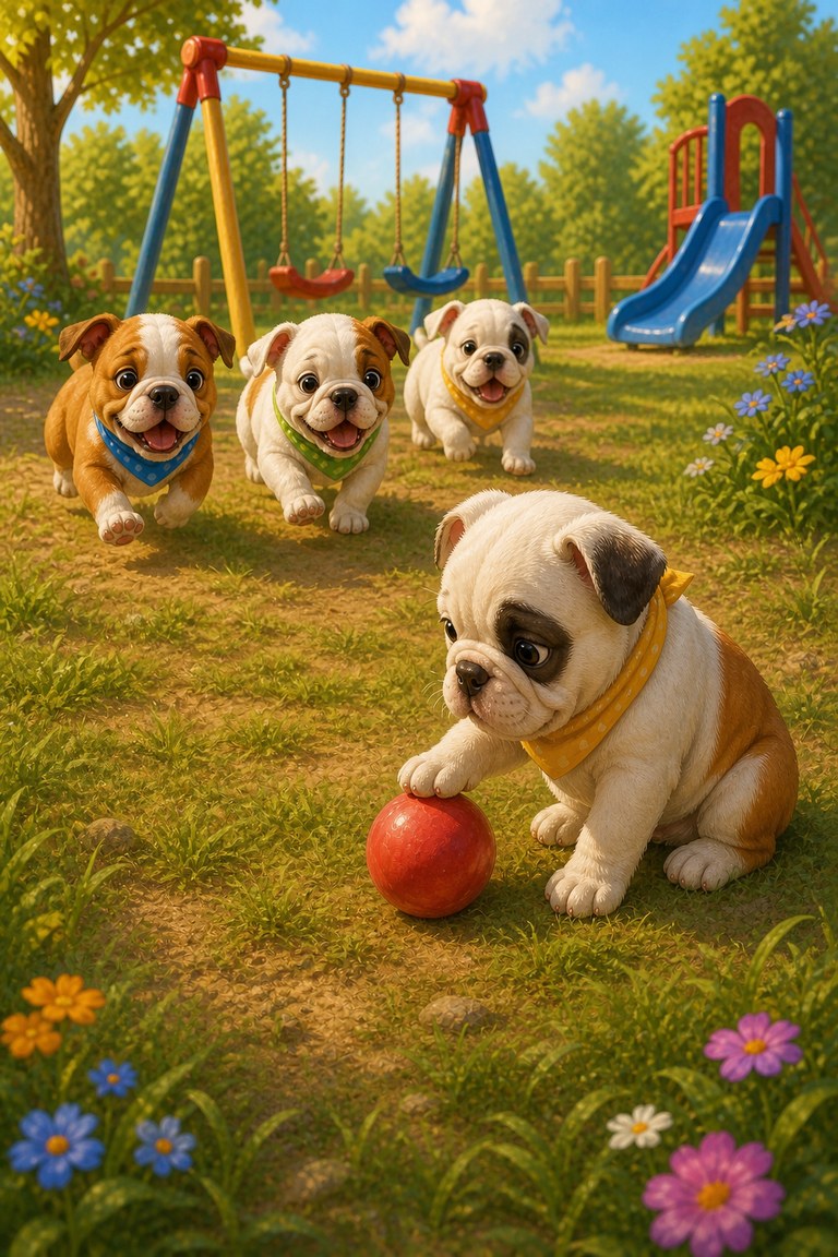 A small bulldog puppy sits alone beside a red ball while three Baby Bulldogs play behind.