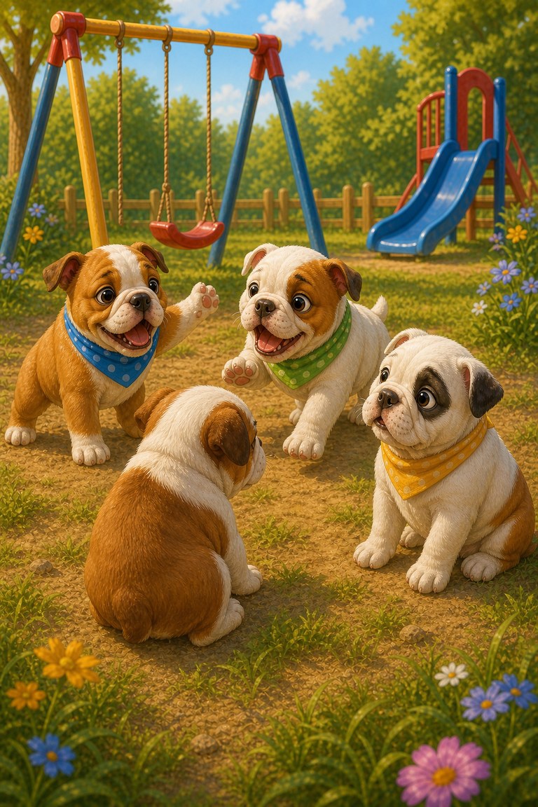 Two Baby Bulldogs talk excitedly to the quiet puppy, who sits facing away.