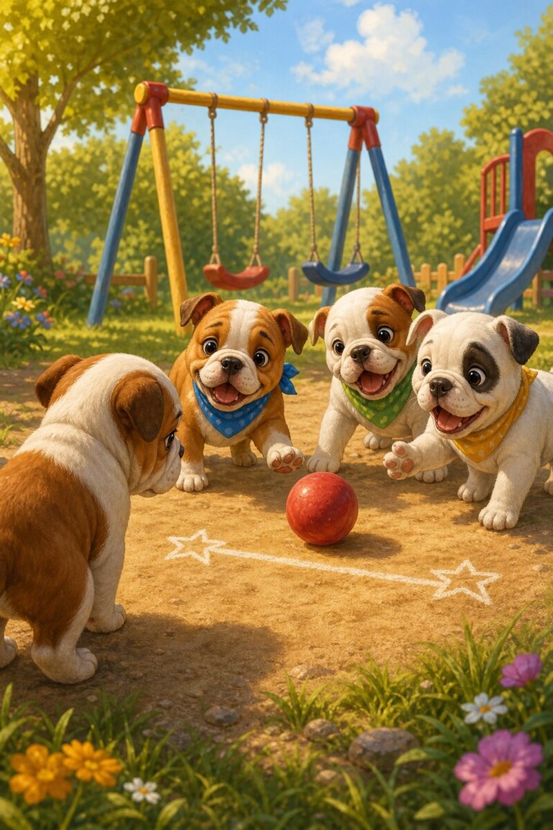 The Baby Bulldogs wait beside a chalk line with a star at each end, the red ball between them.