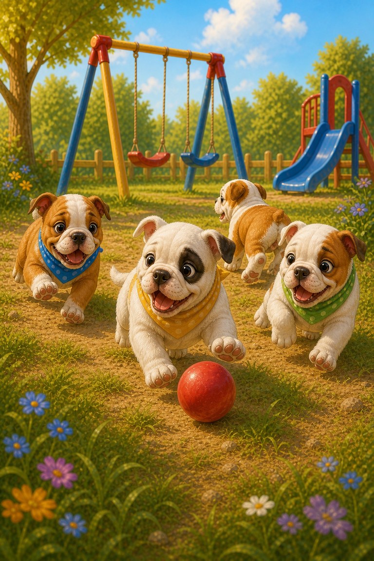 The new puppy runs and plays with the Baby Bulldogs, chasing the red ball.
