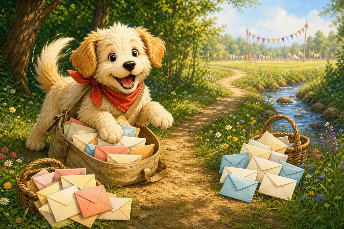 Biscuit-Bouncer the puppy bounds along a meadow path beside a basket of invitations.